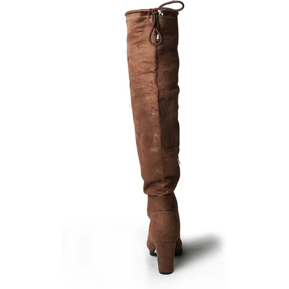Women Khaki Vegan Suede Polyurethane Over-the-Knee Chunky Heel Rounded Toe Boot